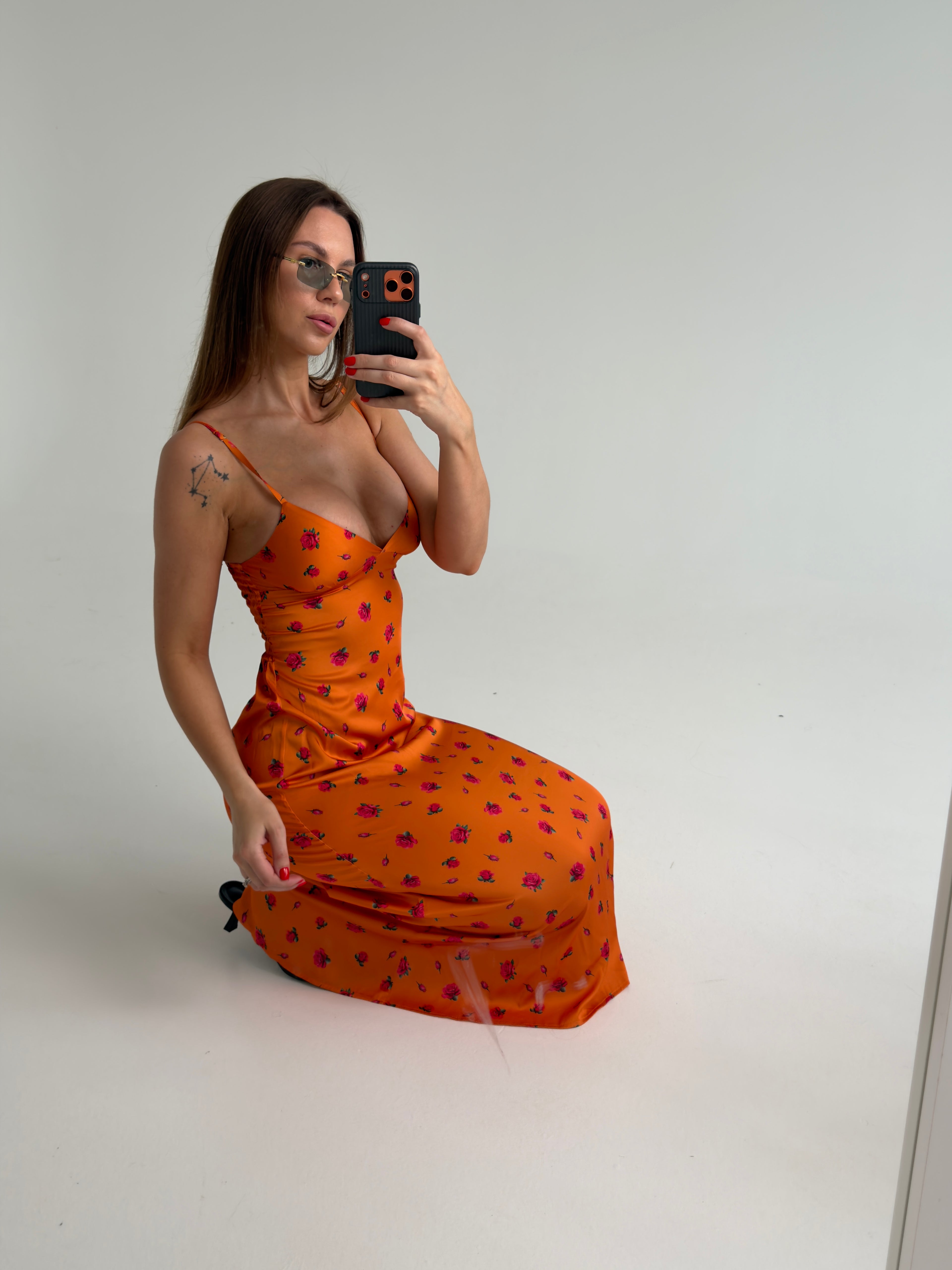 Orange Floral V-Neck Satin Slip Maxi Dress