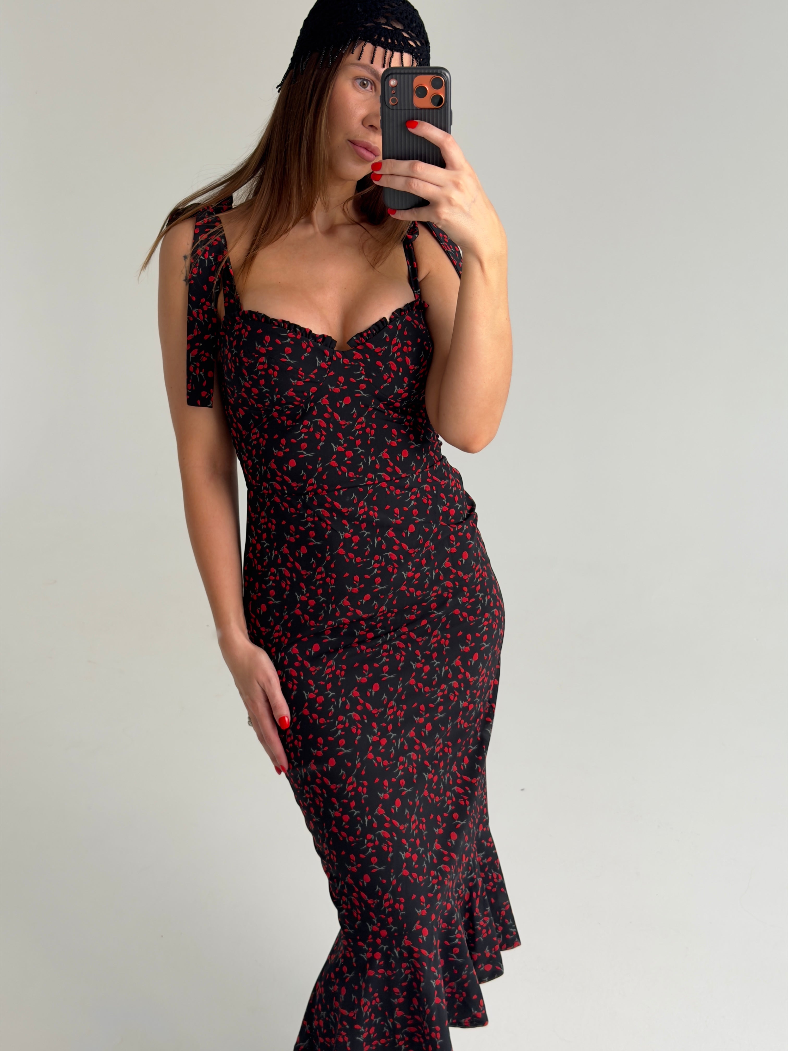 Black Tie-Strap Floral Bustier Maxi Dress