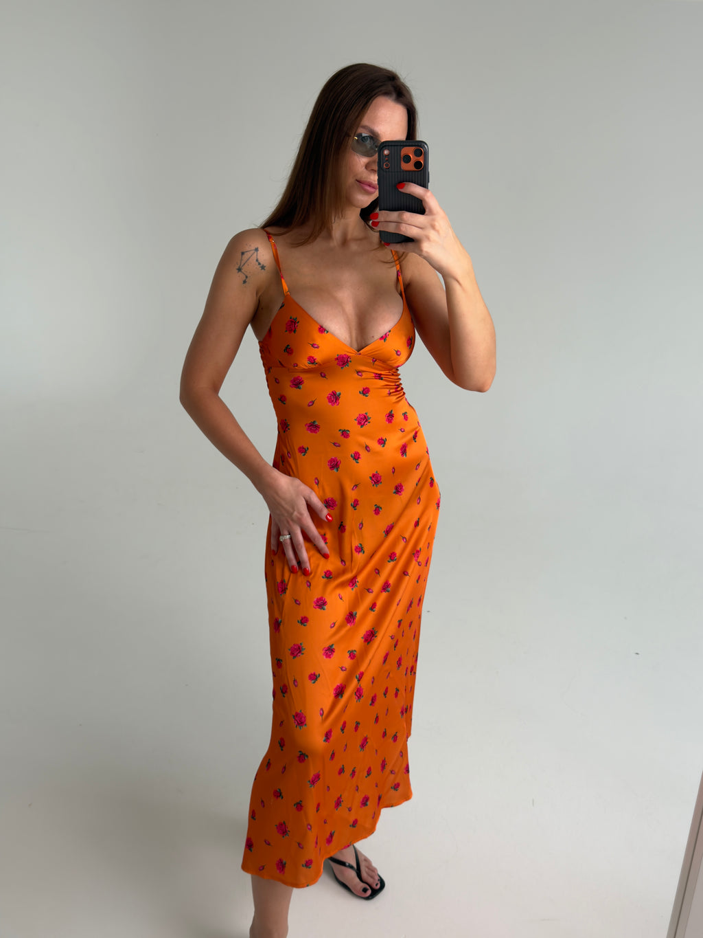 Orange Floral V-Neck Satin Slip Maxi Dress