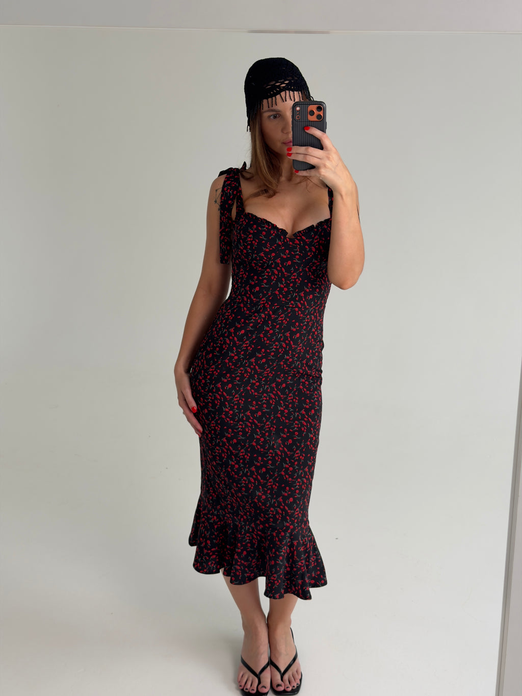Black Tie-Strap Floral Bustier Maxi Dress