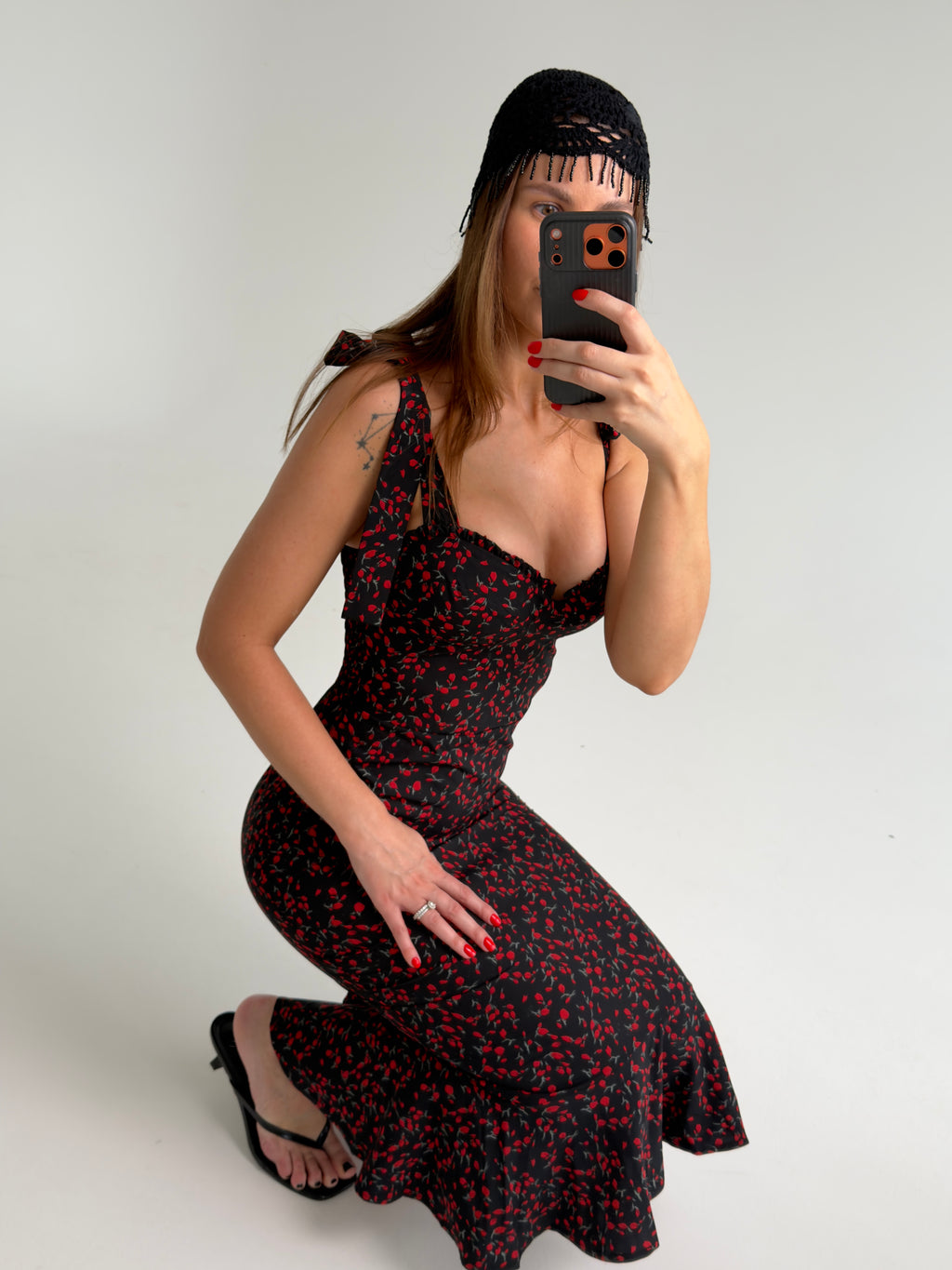 Black Tie-Strap Floral Bustier Maxi Dress